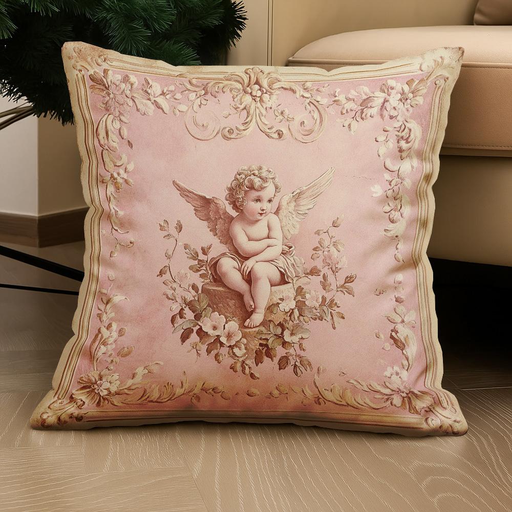 Vintage Pink Cherub Pillow Cover Rococo Floral Print Cushion Case Shabby Chic French Home Decor Gift