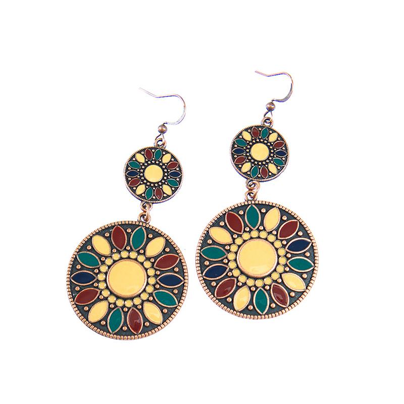 New Boho Ethnic Fashion Colorful Drop Oil Round Earrings For Women Sum Flower Enameled Distinctive Sweet Vacation Jewelry Gift