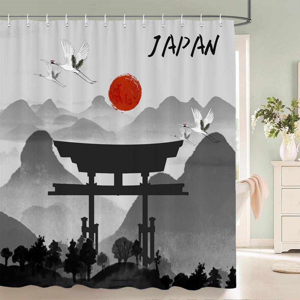 

Japanese style Shower Curtains with Hooks Home Decor for Ink painting landscape Bathroom Curtain Polyester Fabric Bath Curtain W90xH180cm