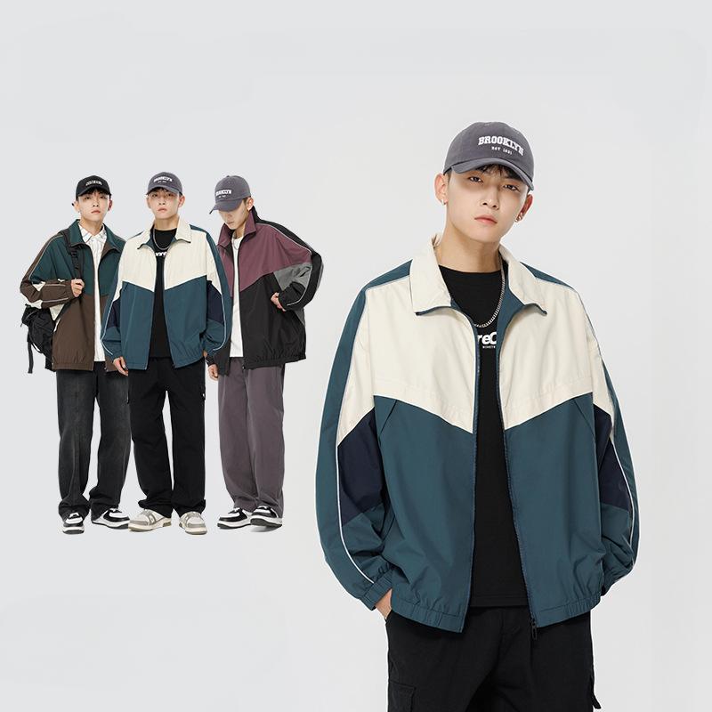 Fashion Brand American Retro Color Contrast Splicing Stand Collar Jacket Men and Women's New Autumn Loose Trend Couple Casual Coat