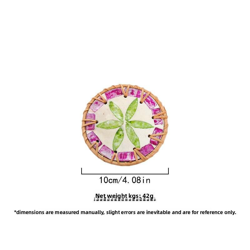 Rattan Shell Coaster Ceramic Heatproof Tea Mat Handwoven Shell Table Mat Decorative Round Coaster Nordic Style