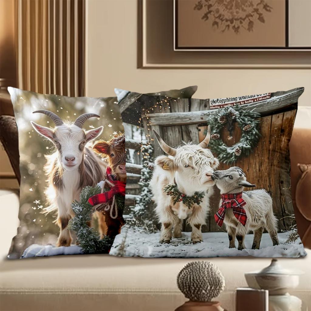 Cute Highland Cows and Goats Winter Pattern Cushion Covers Polyester pillowcase, sofa decorative cushion cov Headboard Pillow