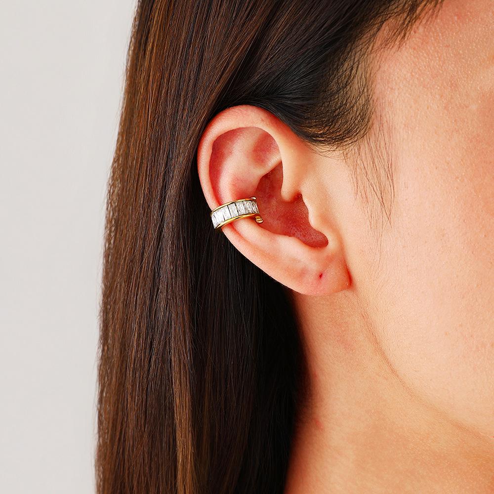 18K Gold Waterproof Titanium & Stainless Steel Zirconia C-shaped Earrings - Women's European/American Style Ear Cuff Jewelry