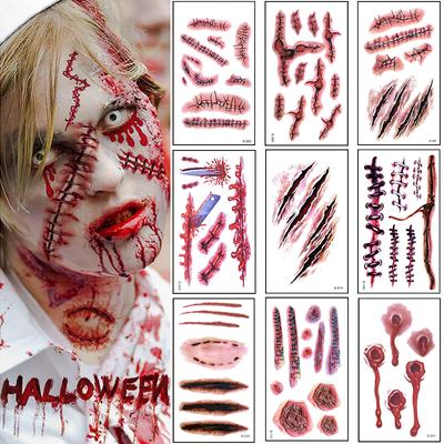 10 szt. Naklejka Tatuaż Halloween Horror Krwawa Rana Blizna Zombie Wodoodporne Tatuaże Tymczasowe DIY Impreza Body Art Makijaż Dzieci Dorosły