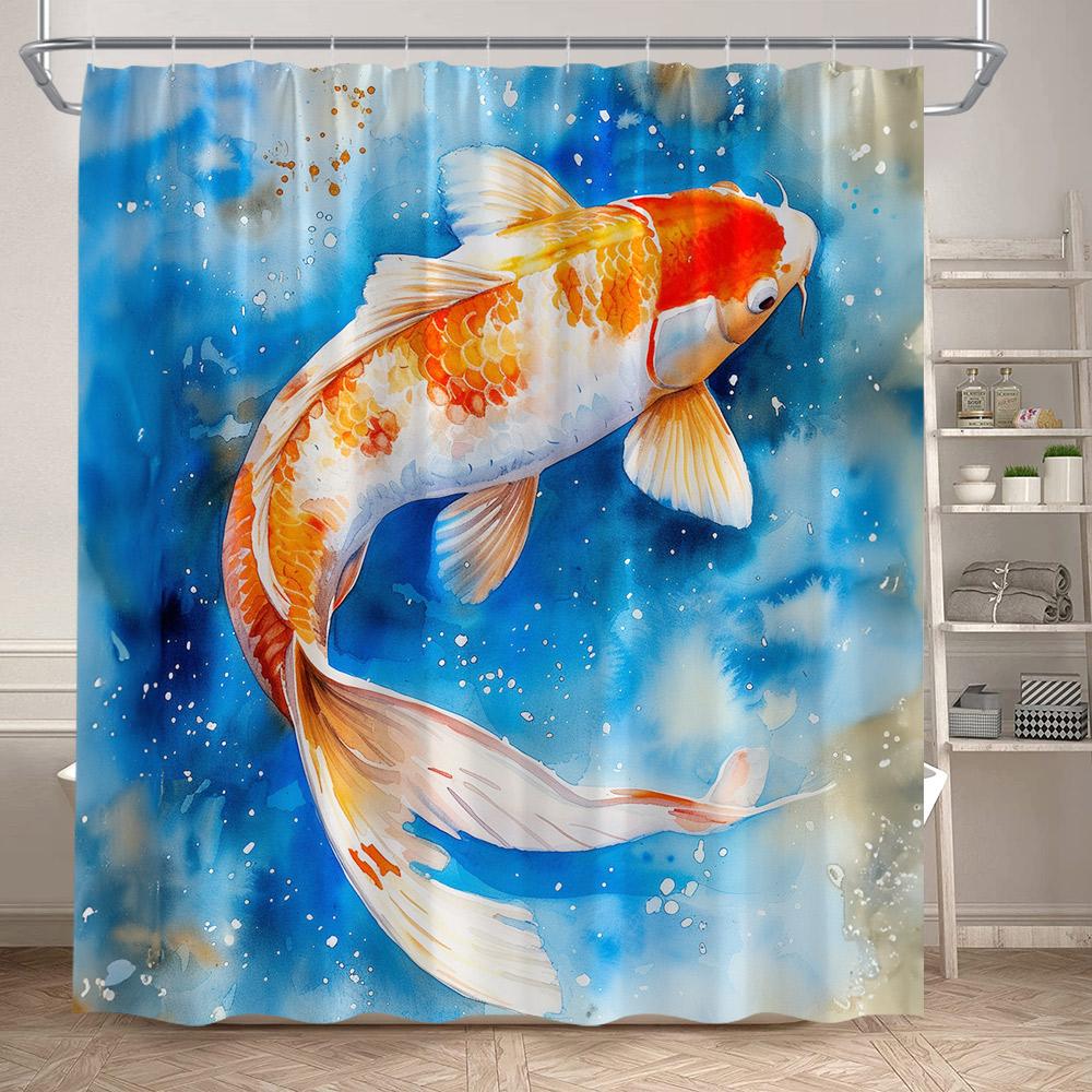 Pink Cherry Blossom Koi Fish Shower Curtains Watercolour Floral Lotus Leaves Carp Japanese Style Bathroom Curtain Set Home Decor