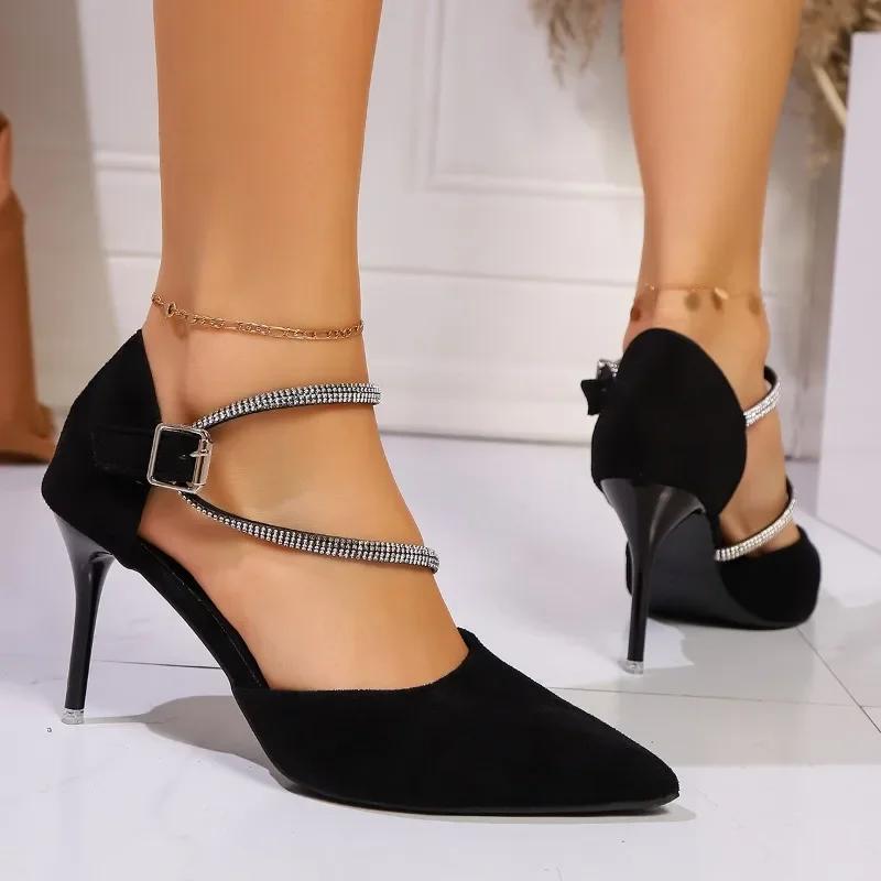 

Fashion Women s Sandals 2025 Fashion Outdoor Pointed Toe High Heels Crystal Buckle Strap Thin Heel Pumps Versatile Dress & Party Sandals 36