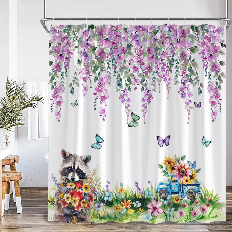 Butterfly Floral Shower Curtain Green Leaves Flowers Dragonfly Watercolour Plants Bath Curtains Polyester Fabric Bathroom Decor