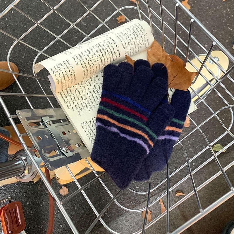 Knitted Thermal Gloves Women's Winter New Striped Five-finger Finger Students Riding Windproof Rainbow