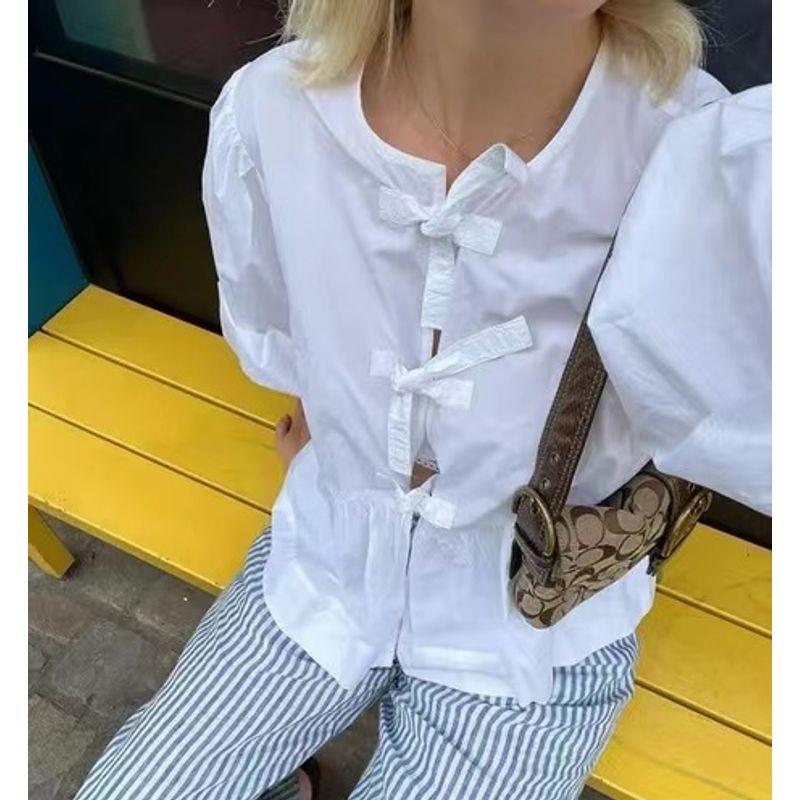 

European and American New Women clothes Puff sleeve Top Sexy Leopard Print Lace-up Shirts Cardigan Tie up Shirt White M