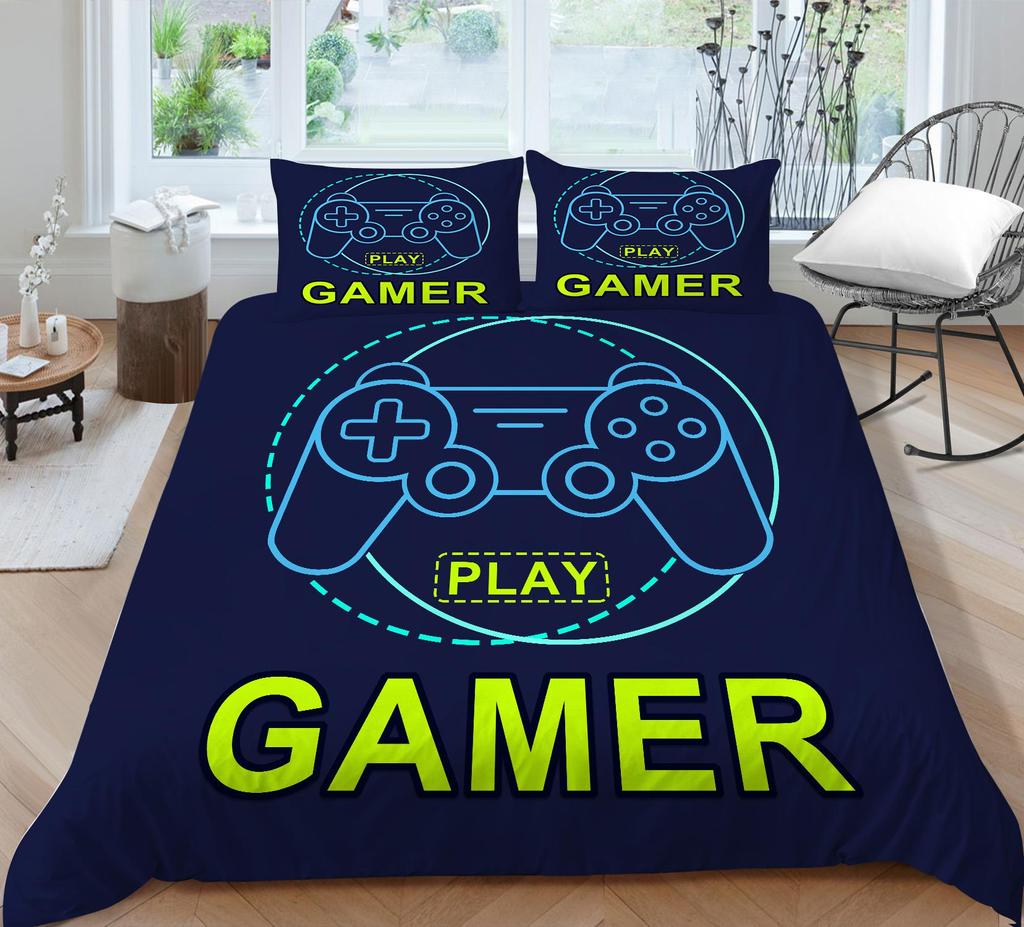 3D Bedding Single Double Bed Game Machine Printed Pillowcase and Quilt Cover 2/3 Pieces for Boys and Men Game Lovers Comfortable Household Bedding