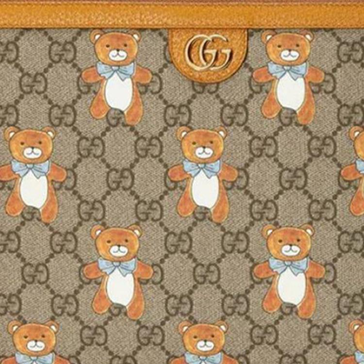 Gucci X Kai Collaboration Vintage Logo Teddy Bear Print Canvas And Leather Clutch Unisex clutch Ebony Brown 660162-2YLAG-8695