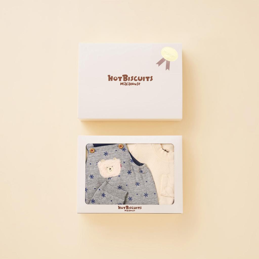 MIKI HOUSE HOT BISCUITS Overalls Gift Set for Boys and Girls, Baby Clothes, Baby Gift, Gray, 80cm, Box Included, 74-9911-689