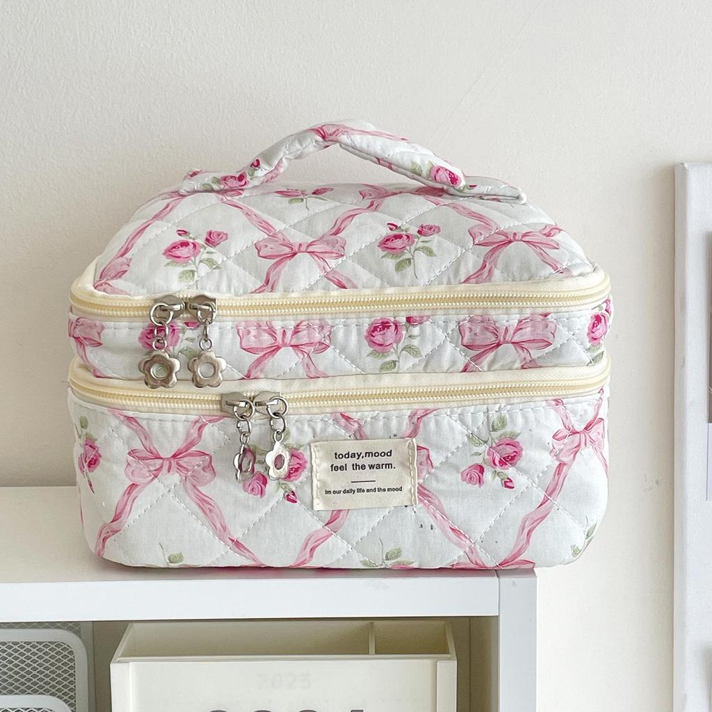 Double Layer Bowknot Cosmetic Bag - Large Capacity Makeup & Wash Organizer