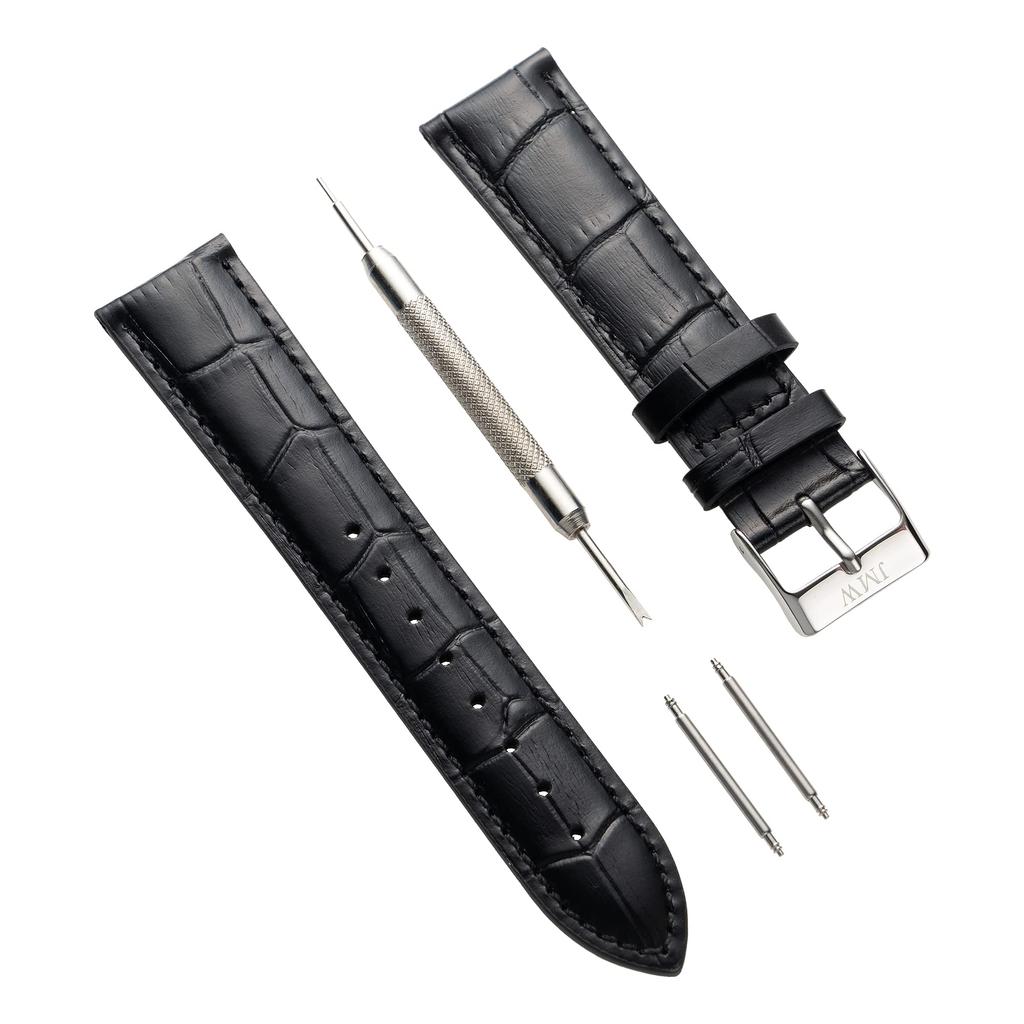 JMW TOKYO Moon Phase Watch 20mm Lug Genuine Leather Replacement Black with Silver Includes Spring and A Great Day Men's Strap, Width, Strap, Buckle,