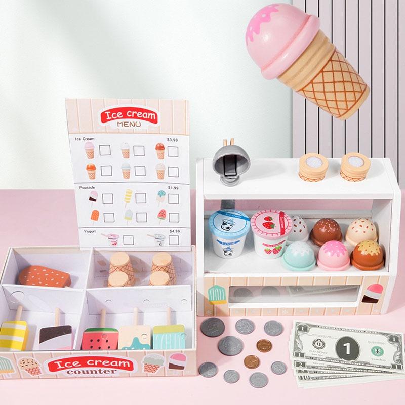 Wooden Ice Cream Shop Pretend Play Toy Set For Kids Mini Role Play Ice Cream Vending Machine With Sweet Cone Ice Cream Decorations
