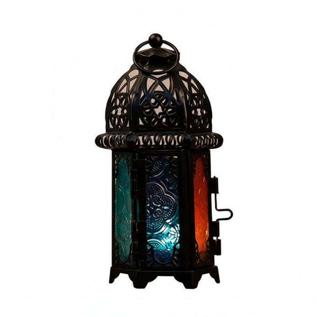 Iron Candle Holder Lantern Tealight Glass Metal Frame with Openwork Pattern And
