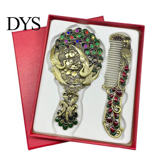 Vintage Peacock Hair Comb Mirror Set, Embossed & Handheld Rhinestone Makeup Mirror, Hand with for Women Retro Carved