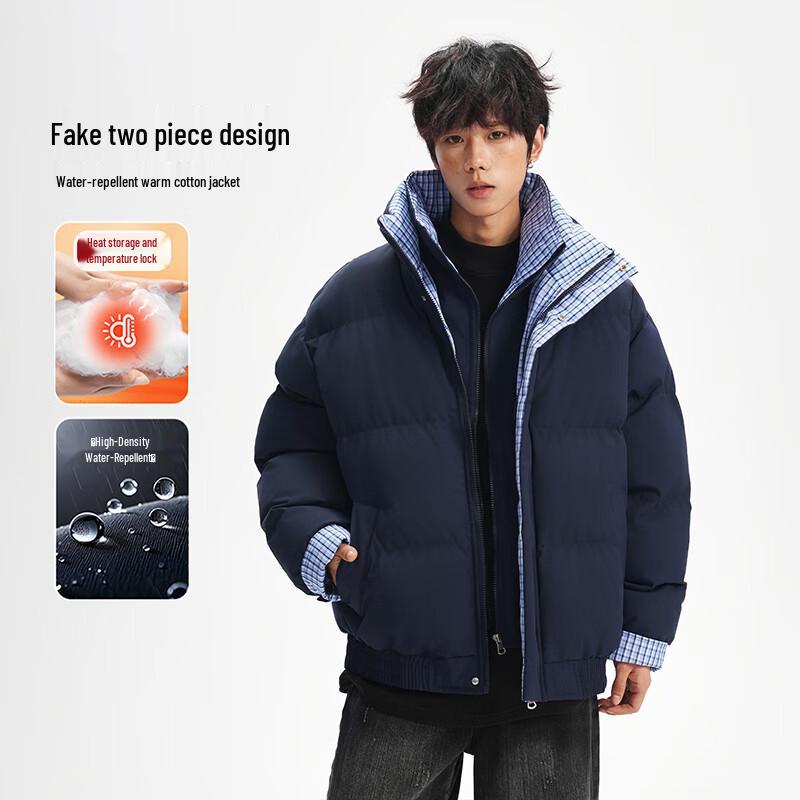 

VUUG Men s Winter Padded Jacket with Double-Layer Collar and Plaid Patchwork 3XL