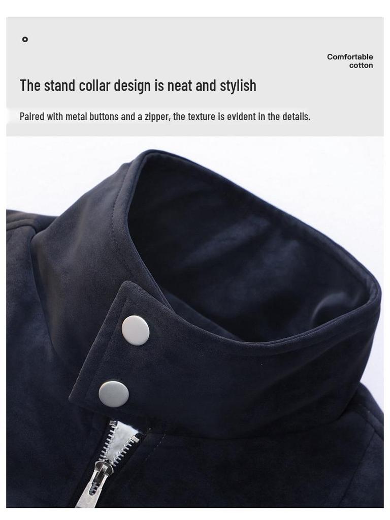 Men's Retro Stand Collar Velvet-Lined Leather Jacket - High-End Loose Fit for Autumn/Winter