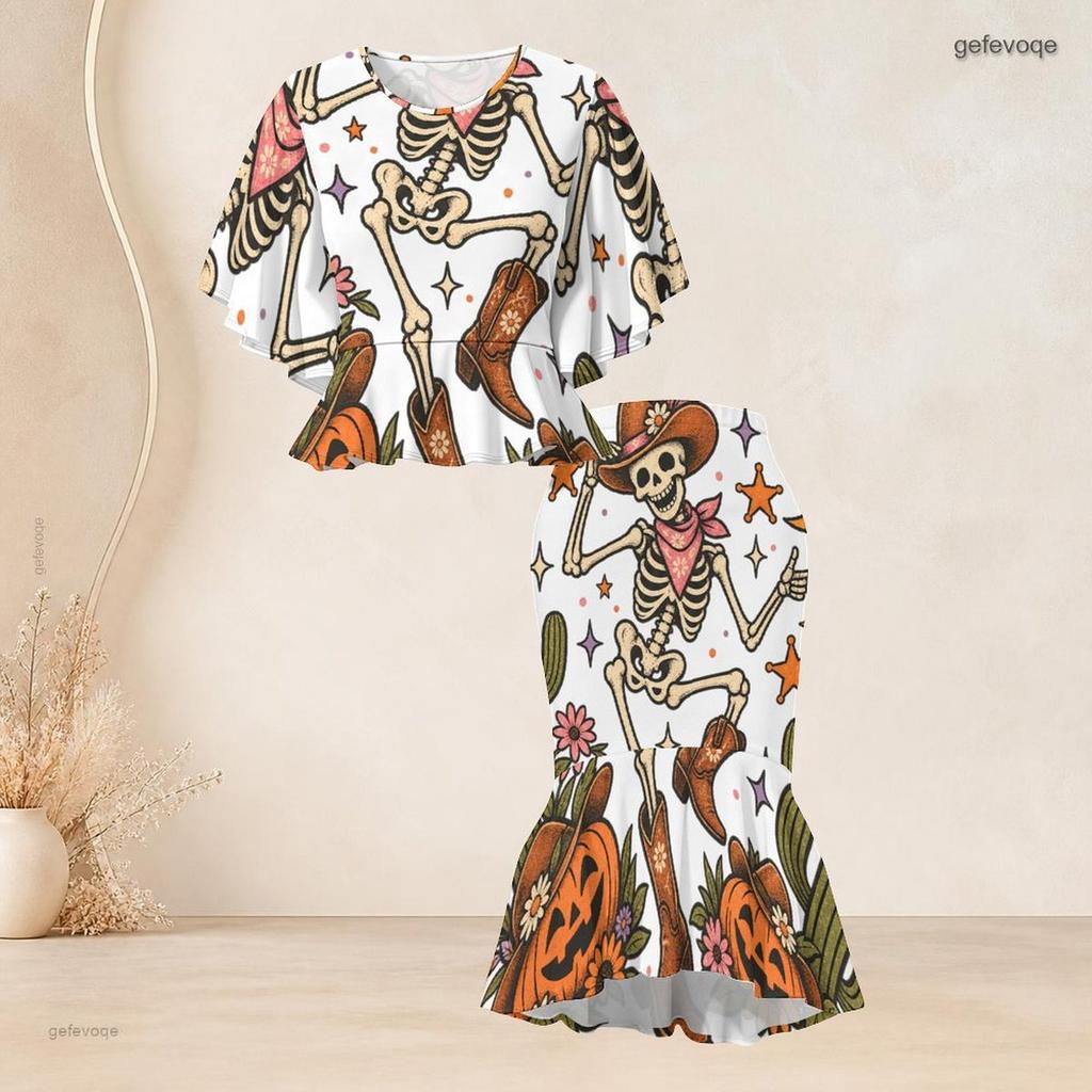 Women Plus Size Round Neck Batwing Sleeve Ruffle Hem Top Fishtail Skirt Halloween Printed Two Piece Set