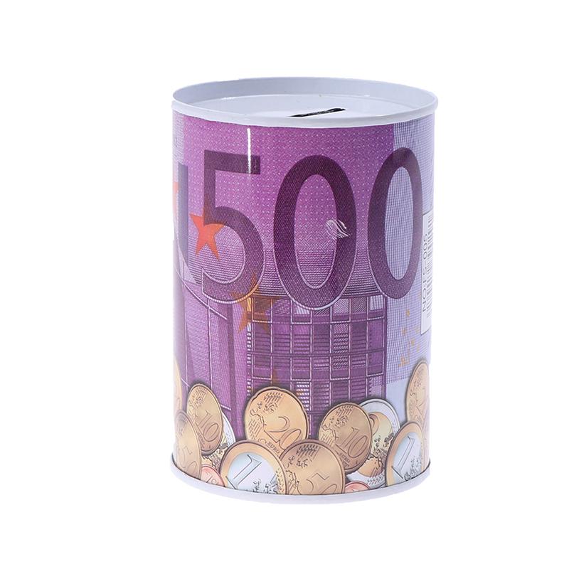 Tinplate Cylinder Piggy Bank Euro Dollar Picture Box Household Saving Money Box