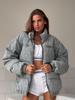 Vintage Curved Moon Print Denim Cotton Jacket with Stand Collar Street Style Warm Outdoor Women's Coat Loose Fall Winter New