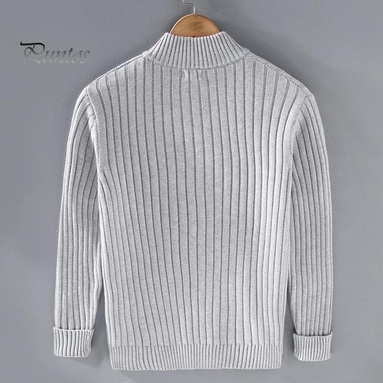 Fall Winter Men Coat Zipper Closure Knitted Cardigan Stand Collar Long Sleeves Solid Color Thick Elastic Loose Striped Texture Daily Wear Knit Jacket