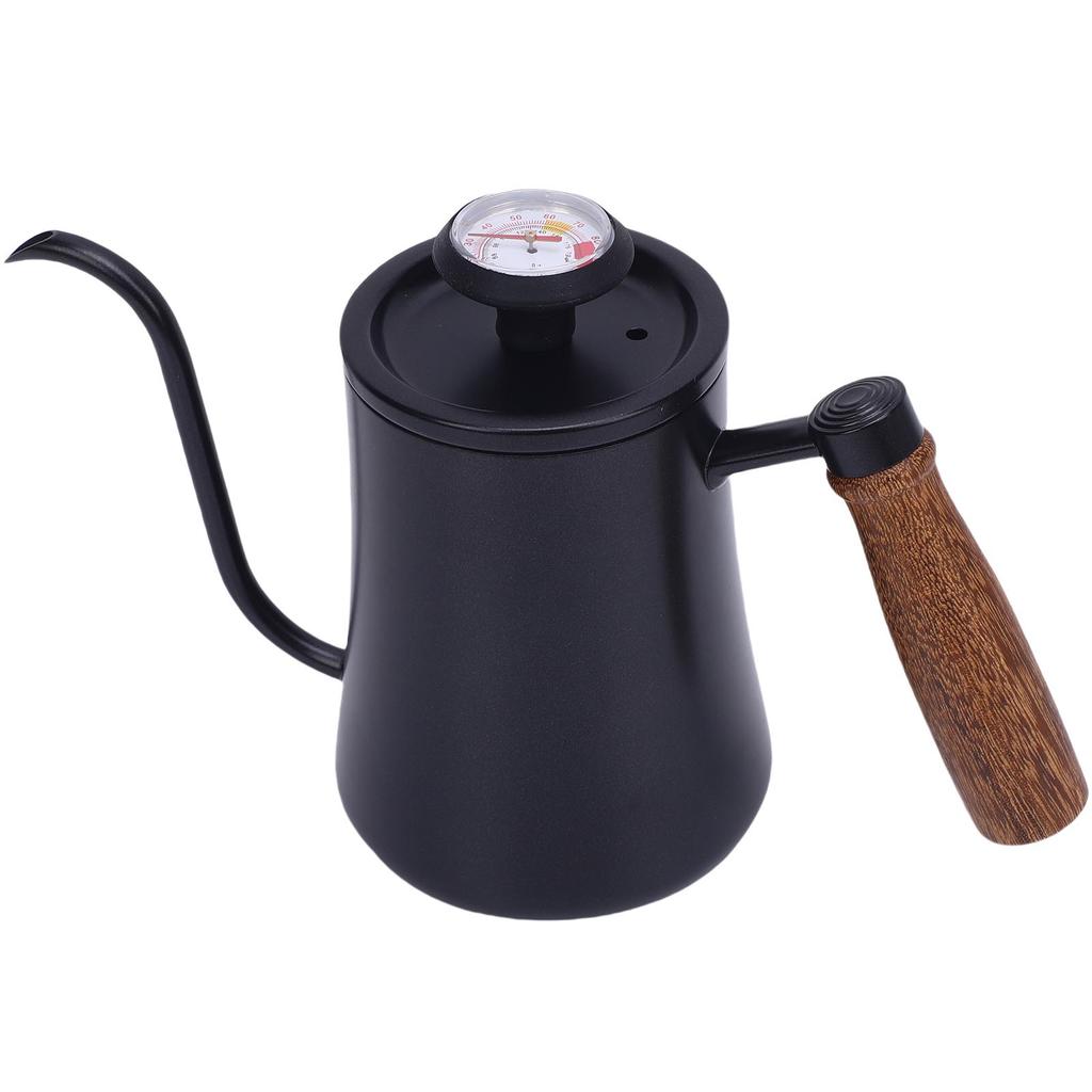 600ML Coffee Brewing Pot 304 Stainless Steel Water Pot with Temperature Meter Wood Handle   Spout
