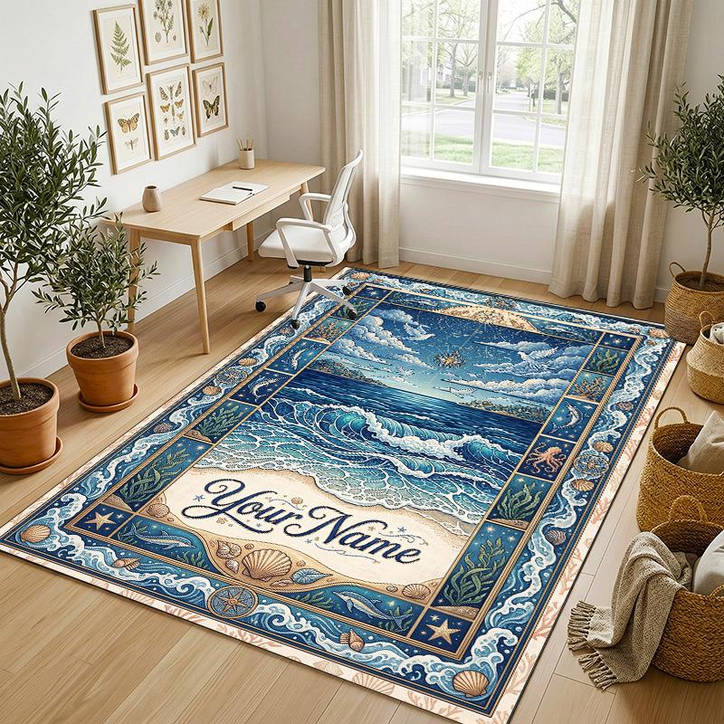 Ocean Otter Theme Soft Crystal Velvet Rug Custom Name & Text Print Non Slip Floor Rug for Bedroom Living Room