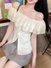 Summer New Pure Desire Wind Off-the-shoulder Ruffle Edge Short-sleeved Shirt Women's Design Feeling Waist and Thin Versatile Top