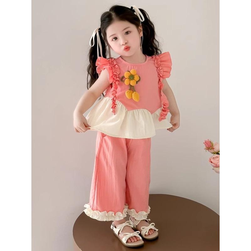 Girls Summer Cottagecore Outfit Flutter Sleeve Peplum Top Wide Leg Pants 2 Piece Set For Toddler Kids