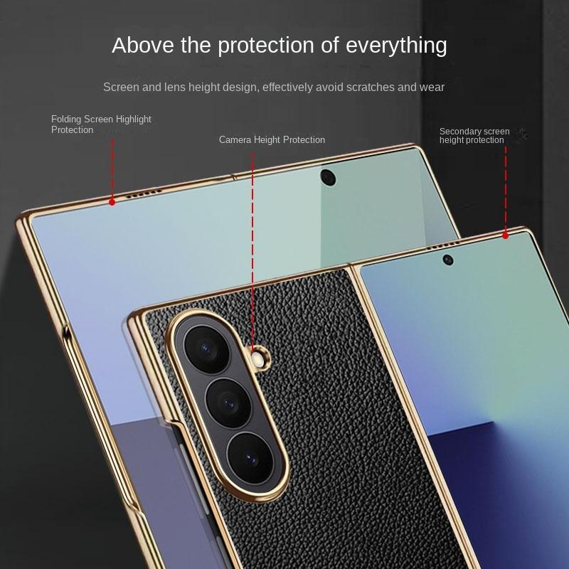 Luxury Business Sle Lichee Leather Skin Feel Phone Case for Samsung Galaxy Z Fold 7 Plating Shockproof Protect Back Cover