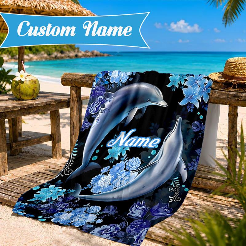Custom Name Love Dolphins Heart Beach Towel Microfiber Beach Towel, Lightweight and Quick-Dry, for Summer Travel, Swimming Pool Gift