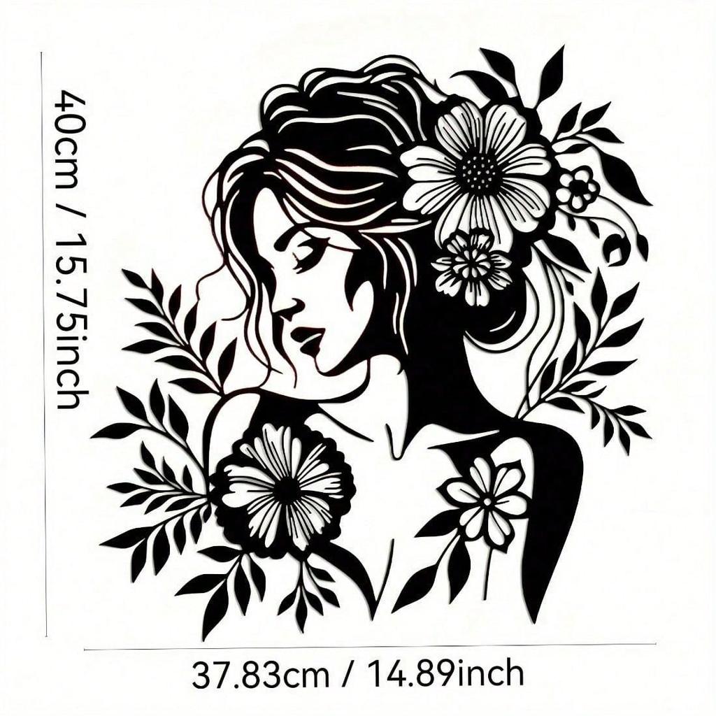 1 PC Black Flowers And Leaves Surrounding An Elegant Woman Minimalist Metal Wall Art - Modern Home Decor For Bedroom, Living Room, Or Bathroom.