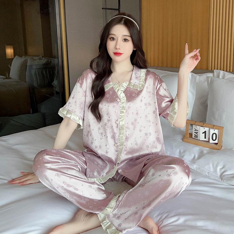 Simple Temperament Wind Purple Jacquard Imitation Silk Fabric Short Sleeves Trousers Pajamas High-End Loungewear Pajamas