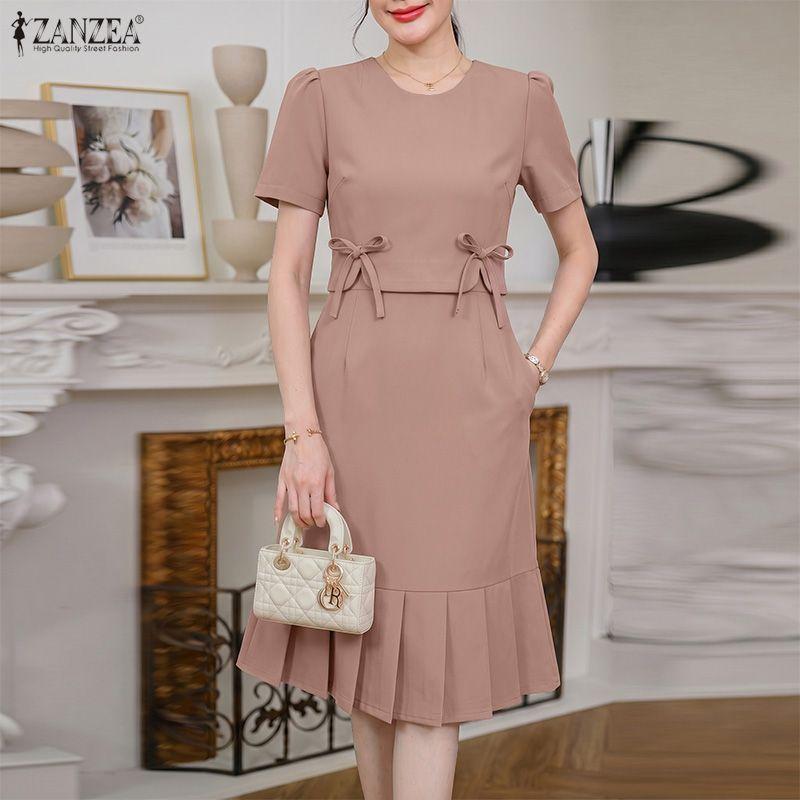 ZANZEA Rochie de vară elegantă casual pentru femei, cu gât rotund, cu mânecă scurtă