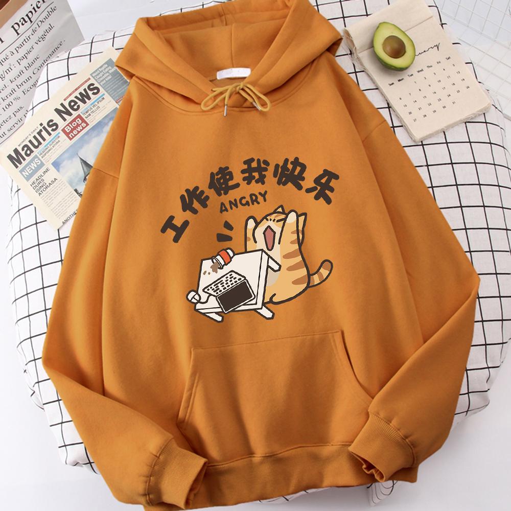 Fat Cat Slogans Work Is My Joy Clothing Casual High-Quality Hoodies Cartoon Fashion Hoody Daily Leisure Women's Sweater