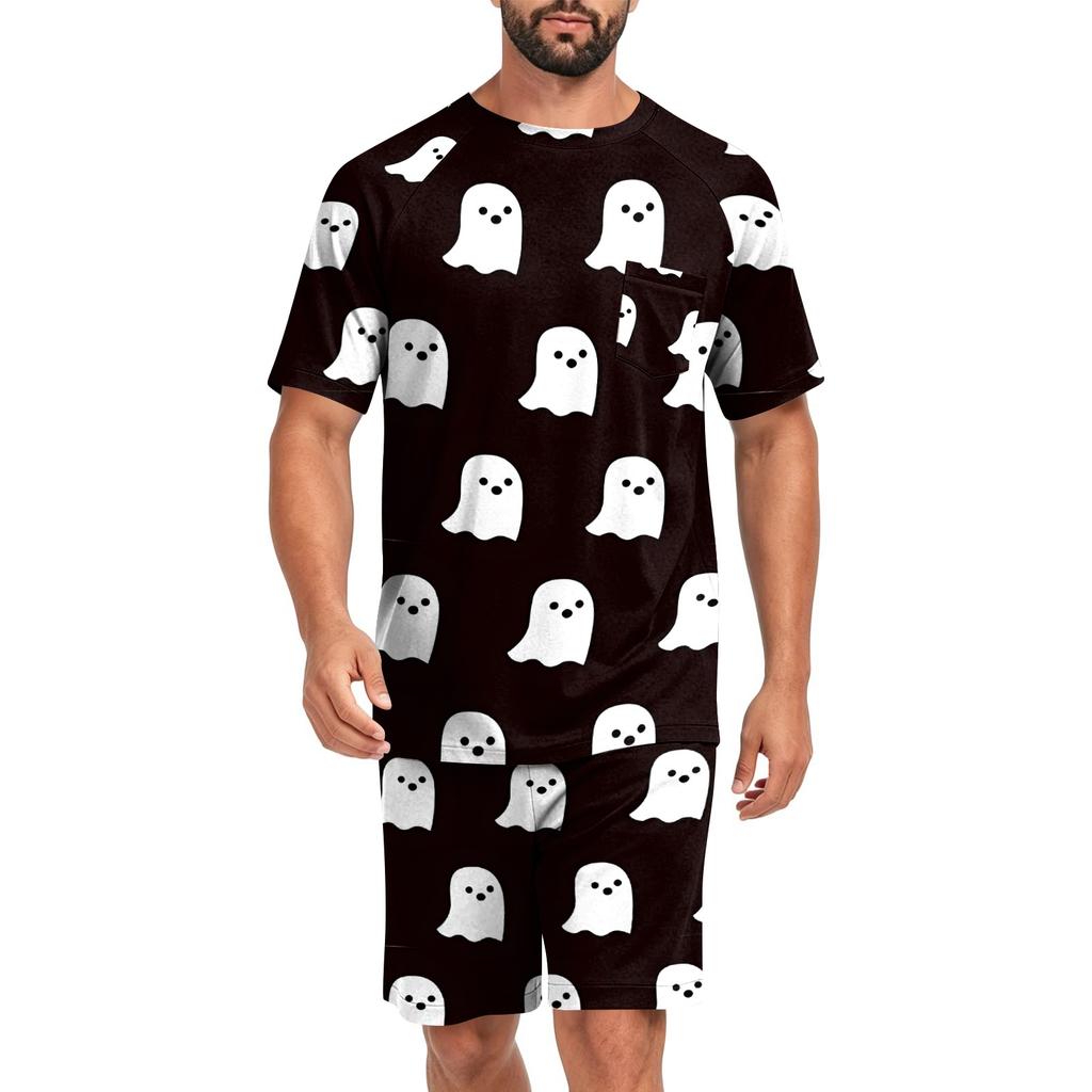 Men's Halloween Casual Pajama Set Short Sleeve Top and Shorts Comfortable Homewear Two Piece Lounge Set for Relaxation