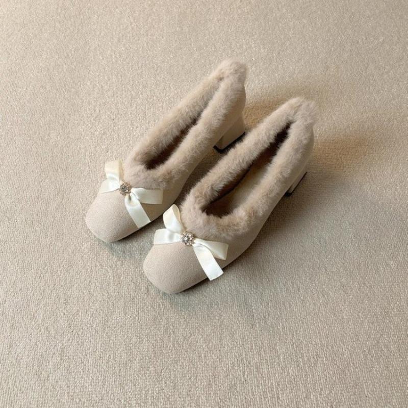 Velvet Mary Jane Cotton Shoes Female Autumn and Winter Fairy Gentle Wind Bow Thick Heel Fluffy Shoes
