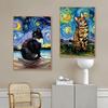 Abstract Van Gogh Starry Night Cat Poster Print Canvas Painting Cute Animal Wall Art For Living Room Home Decoration Cuadros