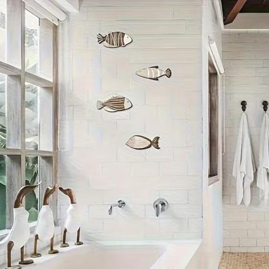 4 Pcs Wood Fish Wall Decor Vintage Nautical Beach Wall Art Coastal Wooden Hanging Sculpture for Lake House Ocean Bathroom Bedroom Home Decor