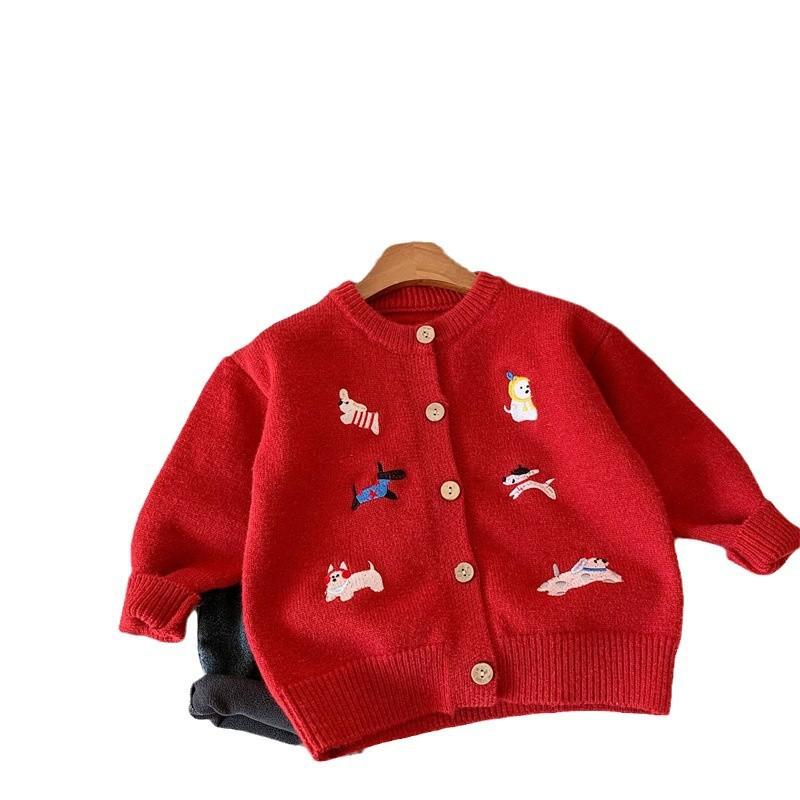 Kids Thick Red Knit Sweater for Winter Boys Girls Festive Cardigan