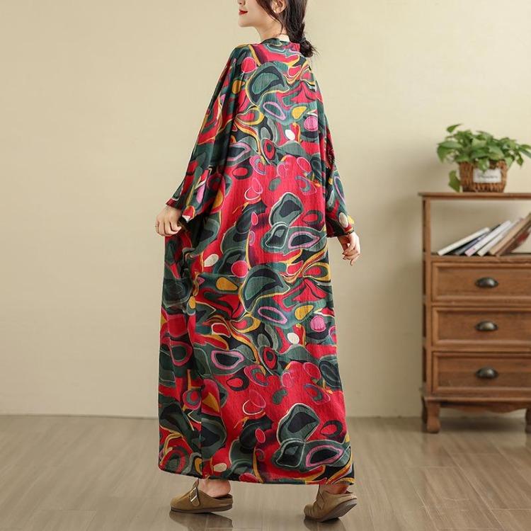 

Spring Women Plus Size Dress Long Sleeve Casual Loose V Neck Floral Printing Vintage Oversize Fashion 5039 One Size