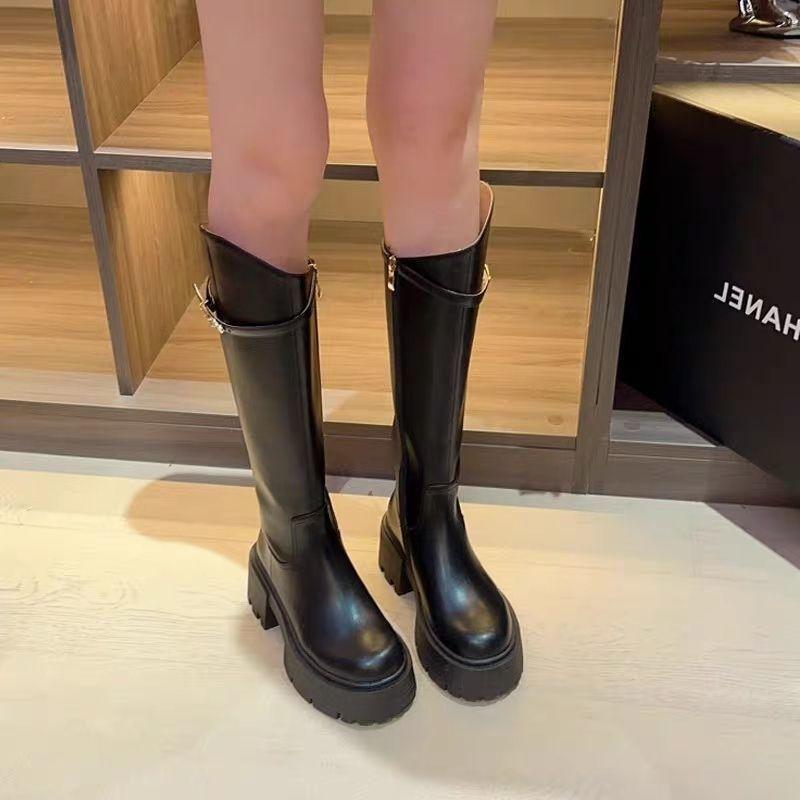 Thick-soled Small Man Velvet Metal Boots British Style Maillard Knight Boots Women's Tall Tube 2025 Autumn and Winter New Models