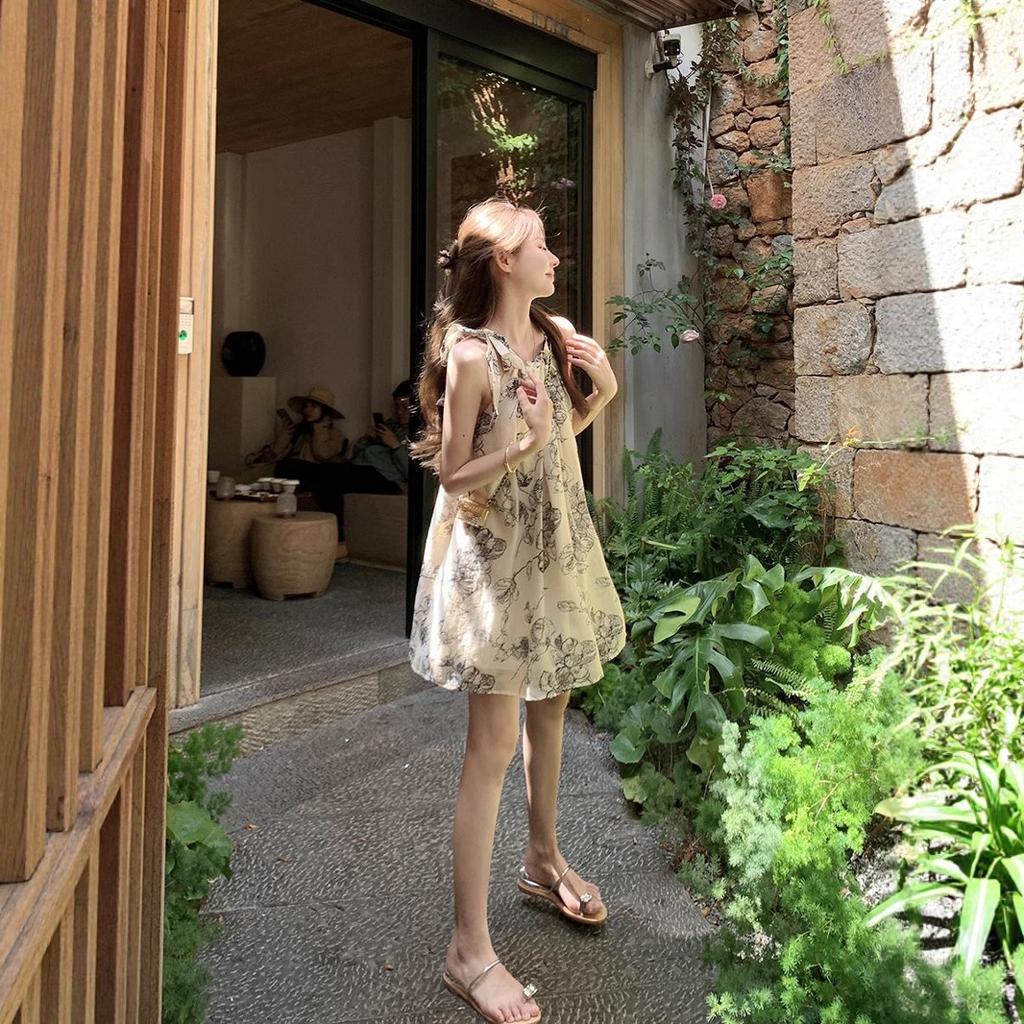 Summer new Chinese style ink dress loose neck suspender skirt gentle sweet small beautiful short skirt
