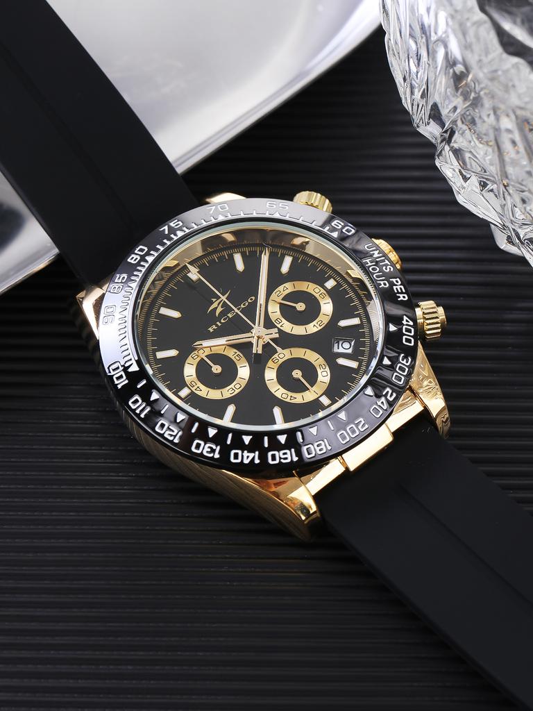 Ricecgo Three-Eye Six-Hand High-End Men's Watch Quartz Watch Multi-Function Chronograph Calendar Rubber Strap High Quality Suitable for Holiday Gifts