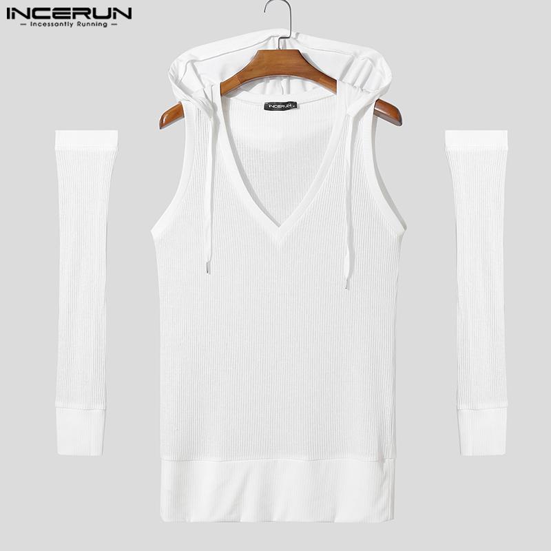INCERUN Men V Neck Sleeveless Hooded See Through Rib Casual Tank Tops with Oversleeve