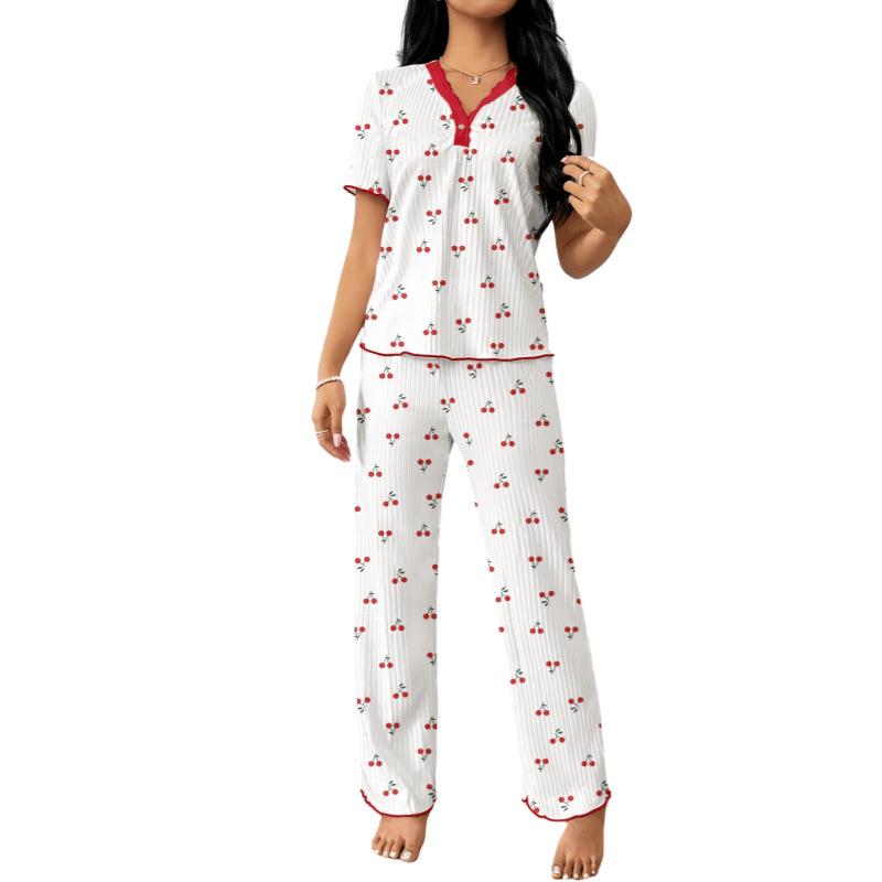 Spring and Autumn Women's Wide-Leg Print Pajama Set: Comfortable Short Sleeve Top and Long Pants for Indoor/Outdoor Wear.