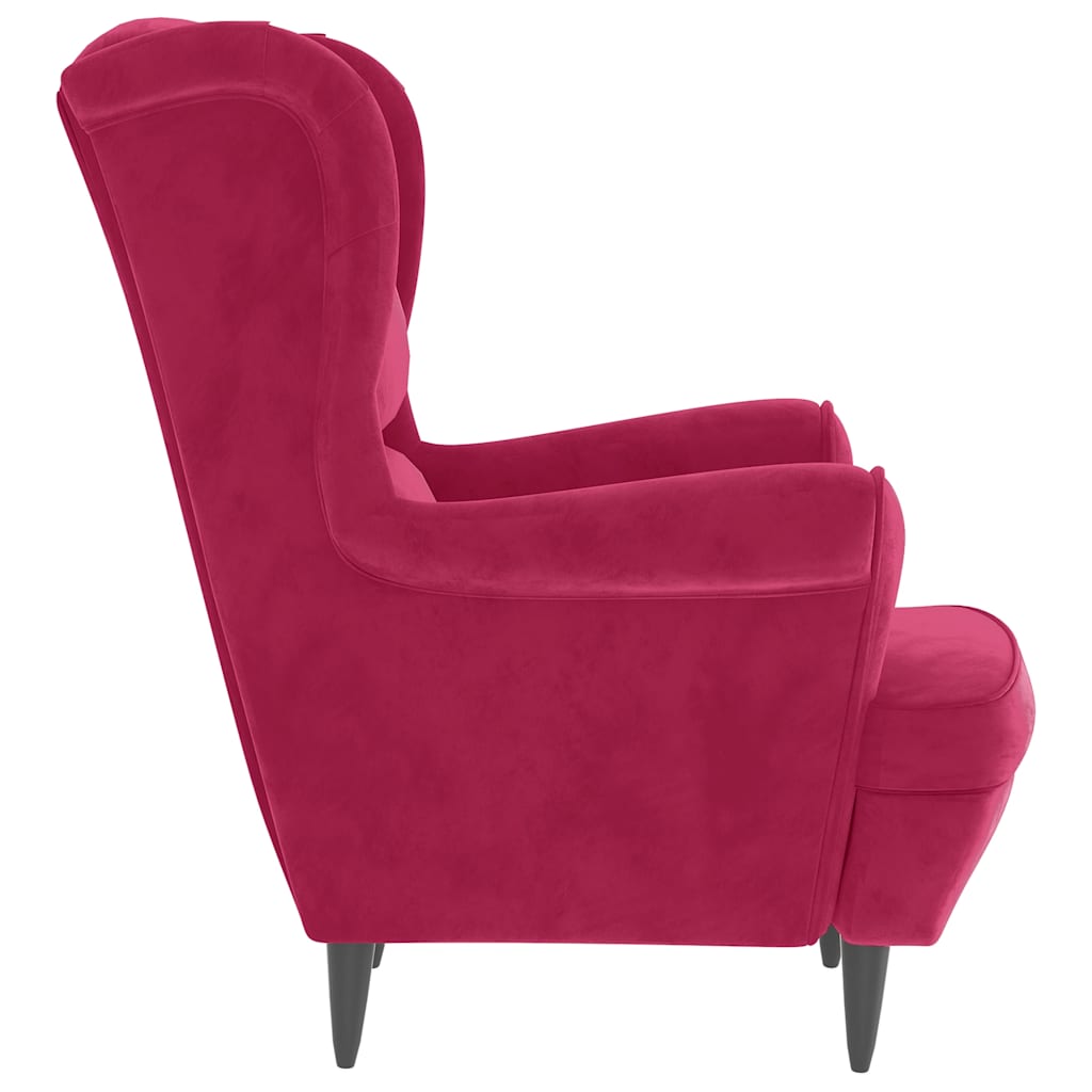 Velvet Armchair with Footstool in Burgundy Red
