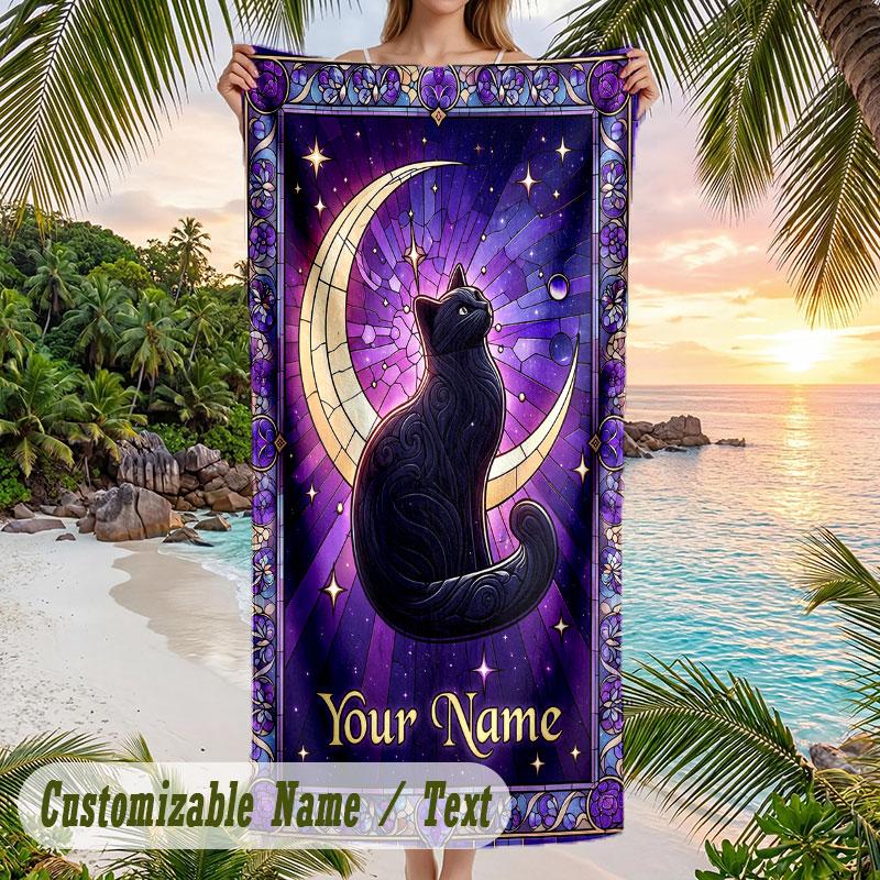 Moonlit Cat Dreams Theme Quick Dry Beach Towel Custom Name Text Print Large Sand Resistant Towel Beach Vacation